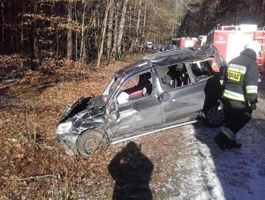 Dachowanie pojazdu na DW 214. Dwie osoby trafiły do szpitala