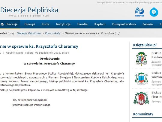 Diecezja Pelplińska reaguje na wyznanie ks. Krzysztofa Charamsy