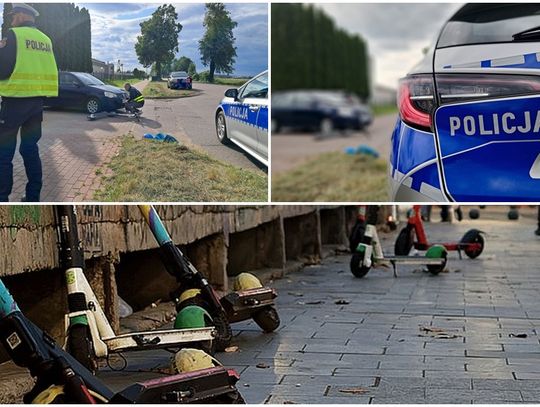 Kraksy drogowe z udziałem hulajnogistów m.in. czołowe zderzenie rowerzysty i użytkownika hulajnogi