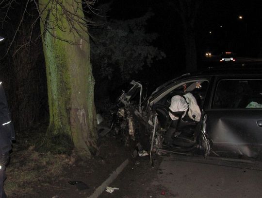 Na ostrym podwójnym gazie - zatrzymał się - bez koła - na drzewie