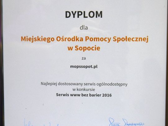 Nagroda dla www.mopssopot.pl za najbardziej dostępny serwis internetowy