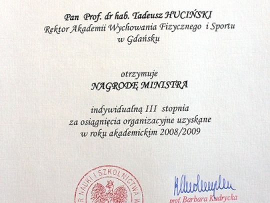 Nagroda Ministra dla Rektora AWFiS Tadeusza Hucińskiego 
