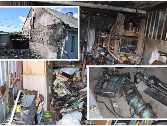 Ogień strawił dwa składy gospodarcze i uszkodził budynek. W jednym ze składów było paliwo i dwie butle gazowe!