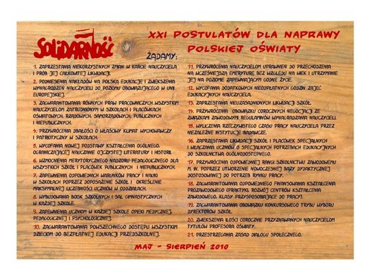 Solidarność protestuje. XXI postuatów dla naprawy oświaty