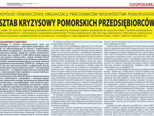 Tylko u nas. Oświadczenie Sztabu Kryzysowego Pomorskich Przedsiębiorców