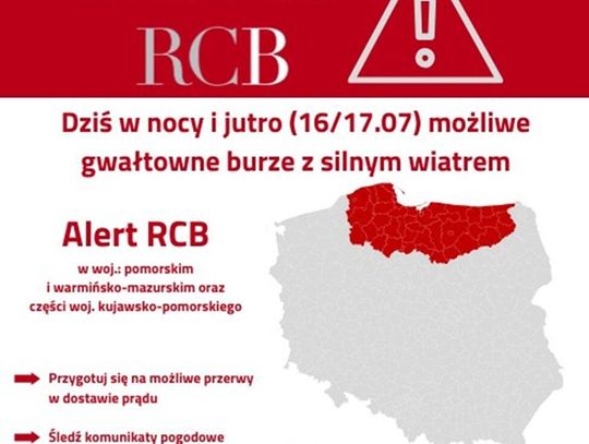 UWAGA: Możliwe gwałtowne burze z silnym wiatrem