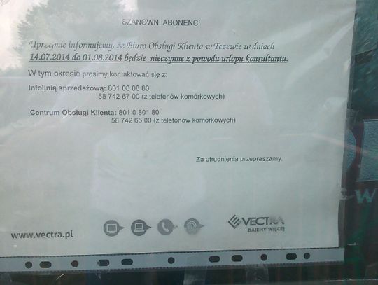 Vectra: Z powodu urlopu biuro nieczynne… 2 tygodnie