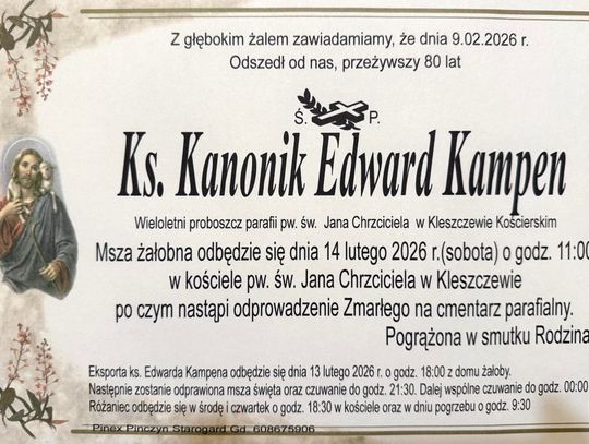 W sobotę uroczystości pogrzebowe ks. kanonika Edwarda Kampena