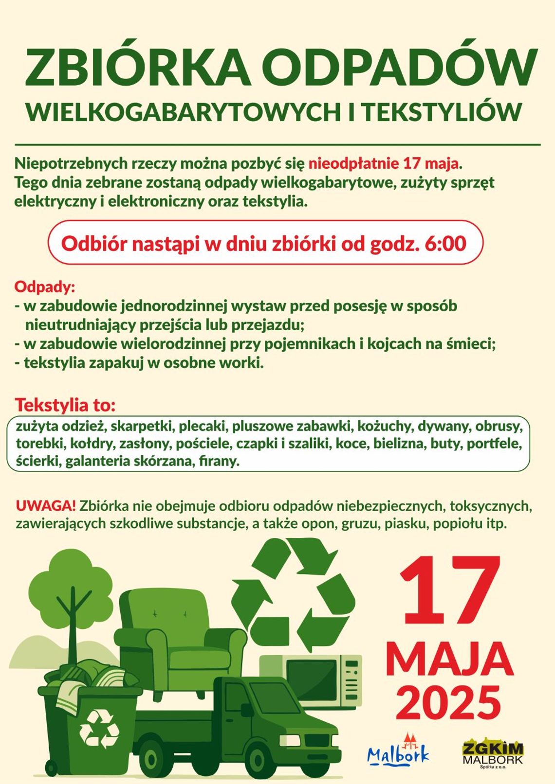 17 maja - Malbork - Zbiórka odpadów wielkogabarytowych i tekstyliów 17 maja - Malbork - Zbiórka odpadów wielkogabarytowych i tekstyliów