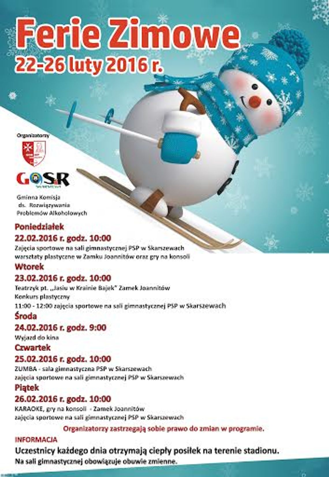 Aktywne ferie w Skarszewach. Sprawdź harmonogram wydarzeń 