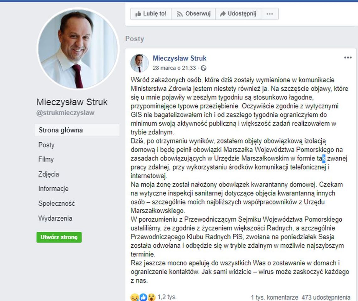 Dekontaminacja w Urzędzie Marszałkowskim. Marszałek M. Struk chory na COVID – 19. Czy włodarze Tczewa spotkali się z nim?