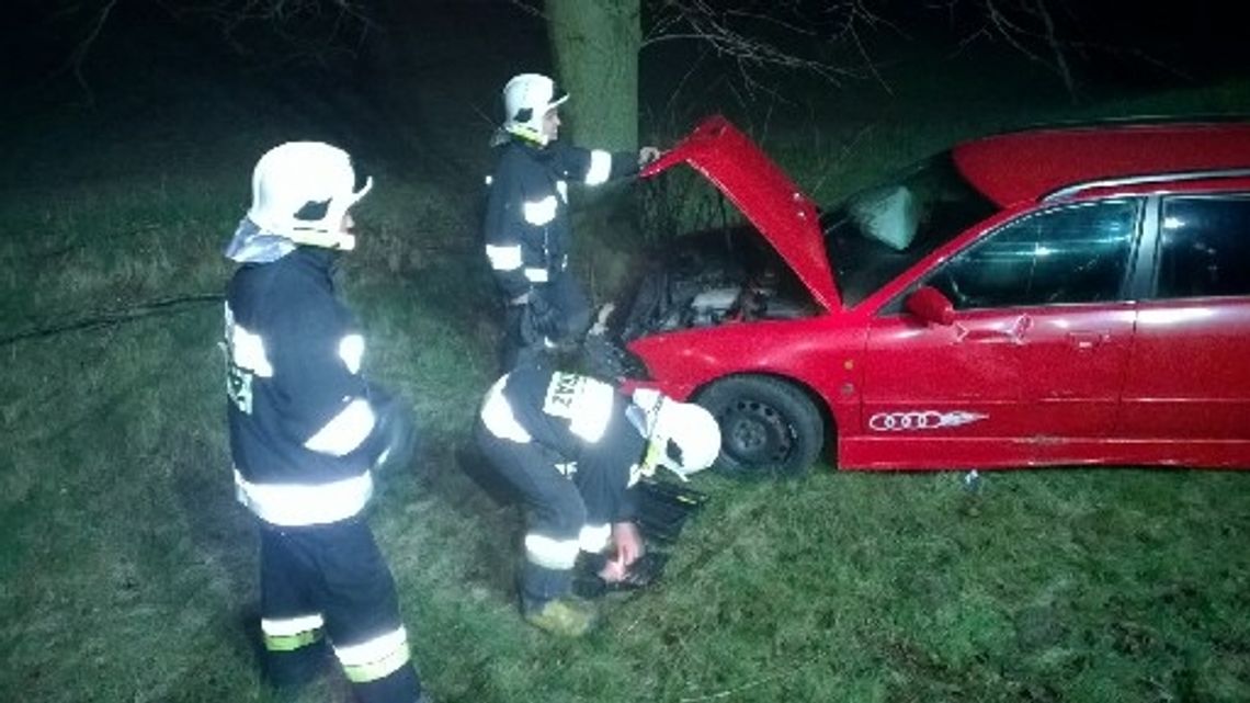 Groźnie na "jedynce". Audi zjechało do rowu i uderzyło w drzewo Groźnie na "jedynce". Audi zjechało do rowu i uderzyło w drzewo