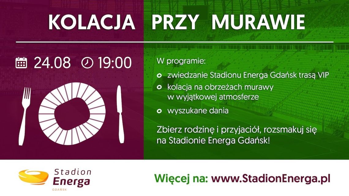 Kolacja przy murawie Stadionu Energa Gdańsk w towarzystwie Sławomira Peszki i Grzegorza Wojtkowiaka.