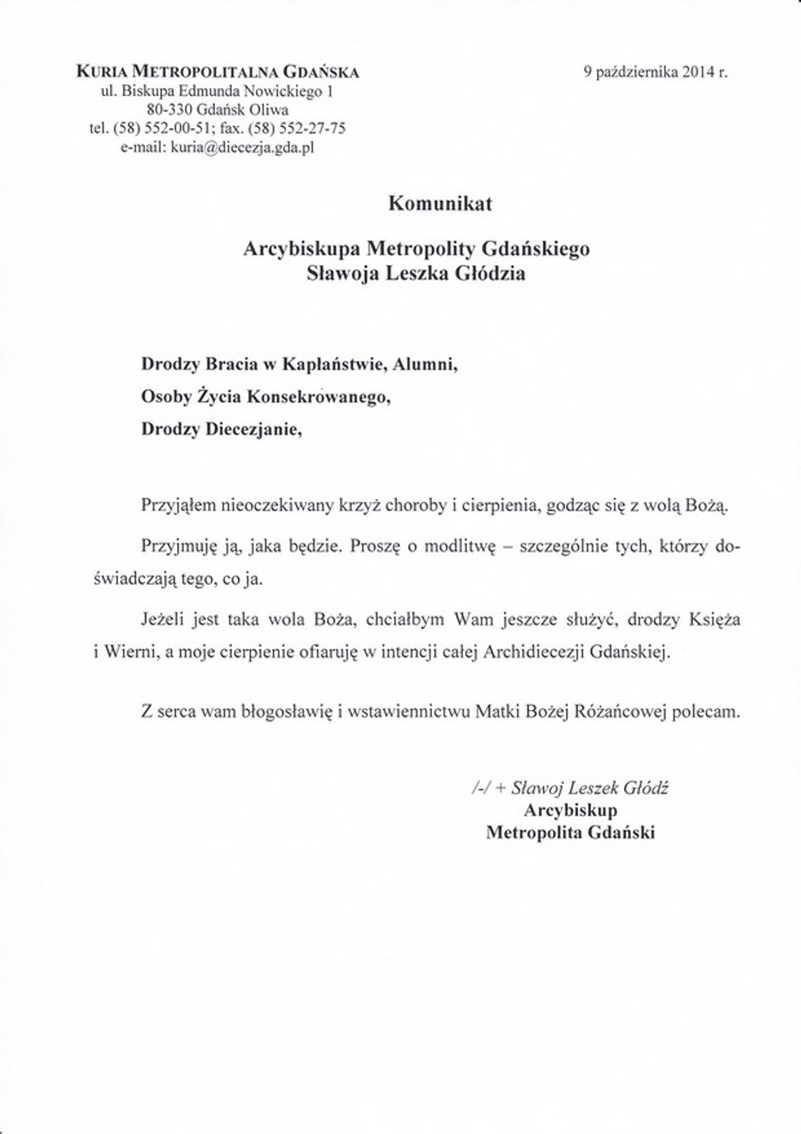 Komunikat Arcybiskupa Sławoja Leszka Głódzia