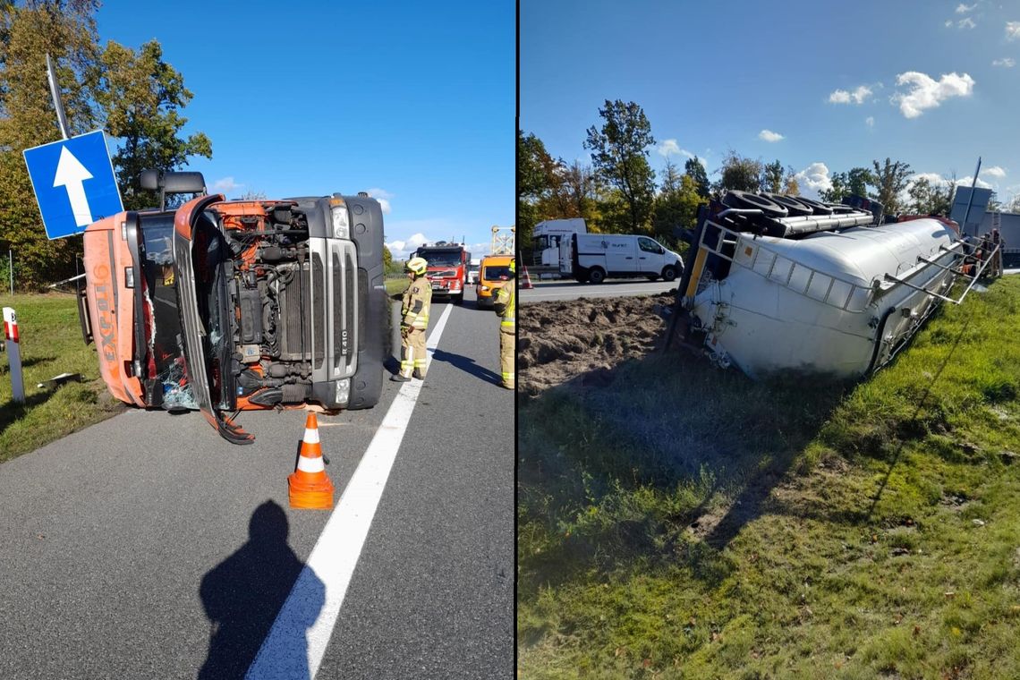 Na autostradzie A1 przewróciła się cysterna przewożąca zboże