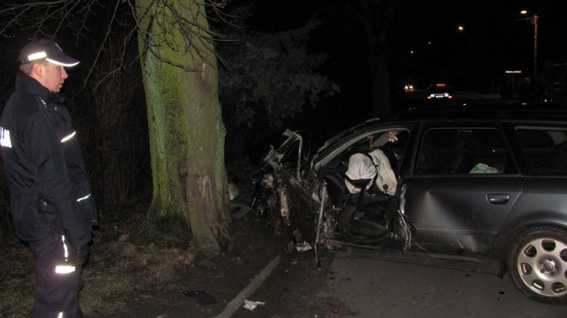 Na ostrym podwójnym gazie - zatrzymał się - bez koła - na drzewie