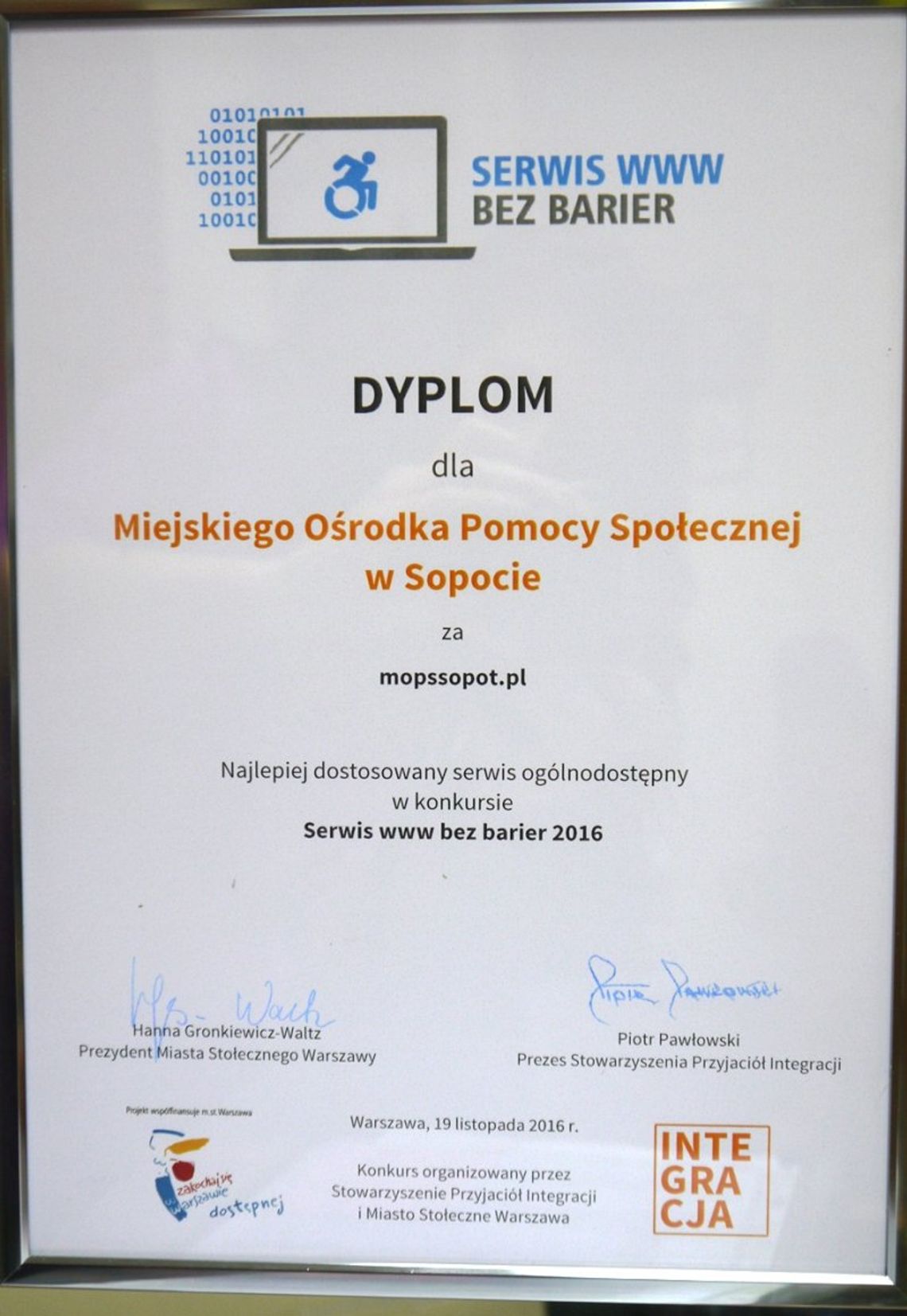 Nagroda dla www.mopssopot.pl za najbardziej dostępny serwis internetowy Nagroda dla www.mopssopot.pl za najbardziej dostępny serwis internetowy