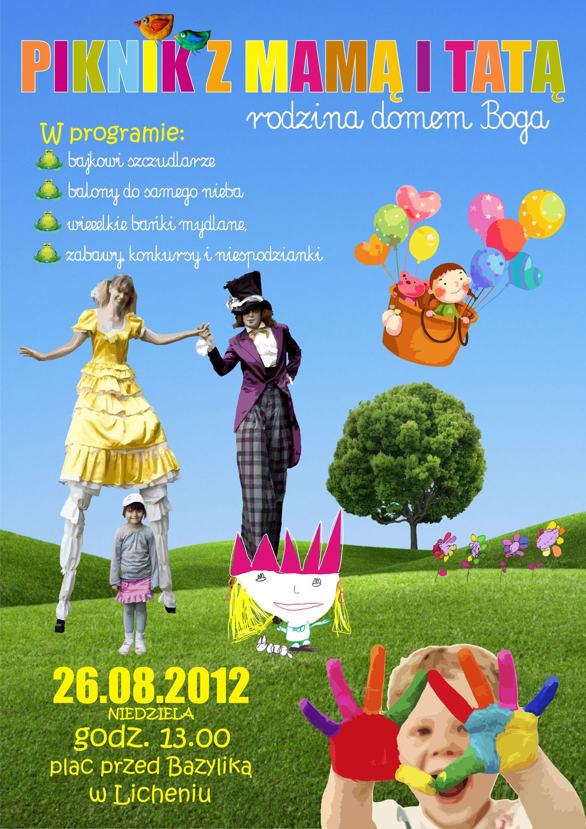 Piknik z mamą i tatą - szczudlarze przed bazyliką licheńską Piknik z mamą i tatą - szczudlarze przed bazyliką licheńską