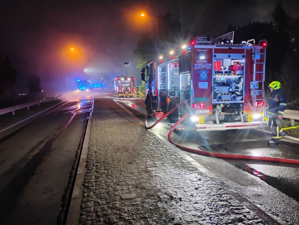 PILNE: Ogromny pożar hal produkcyjno-magazynowych w Rusocinie. Na miejscu pracuje 80 strażaków, DK 91 zablokowana