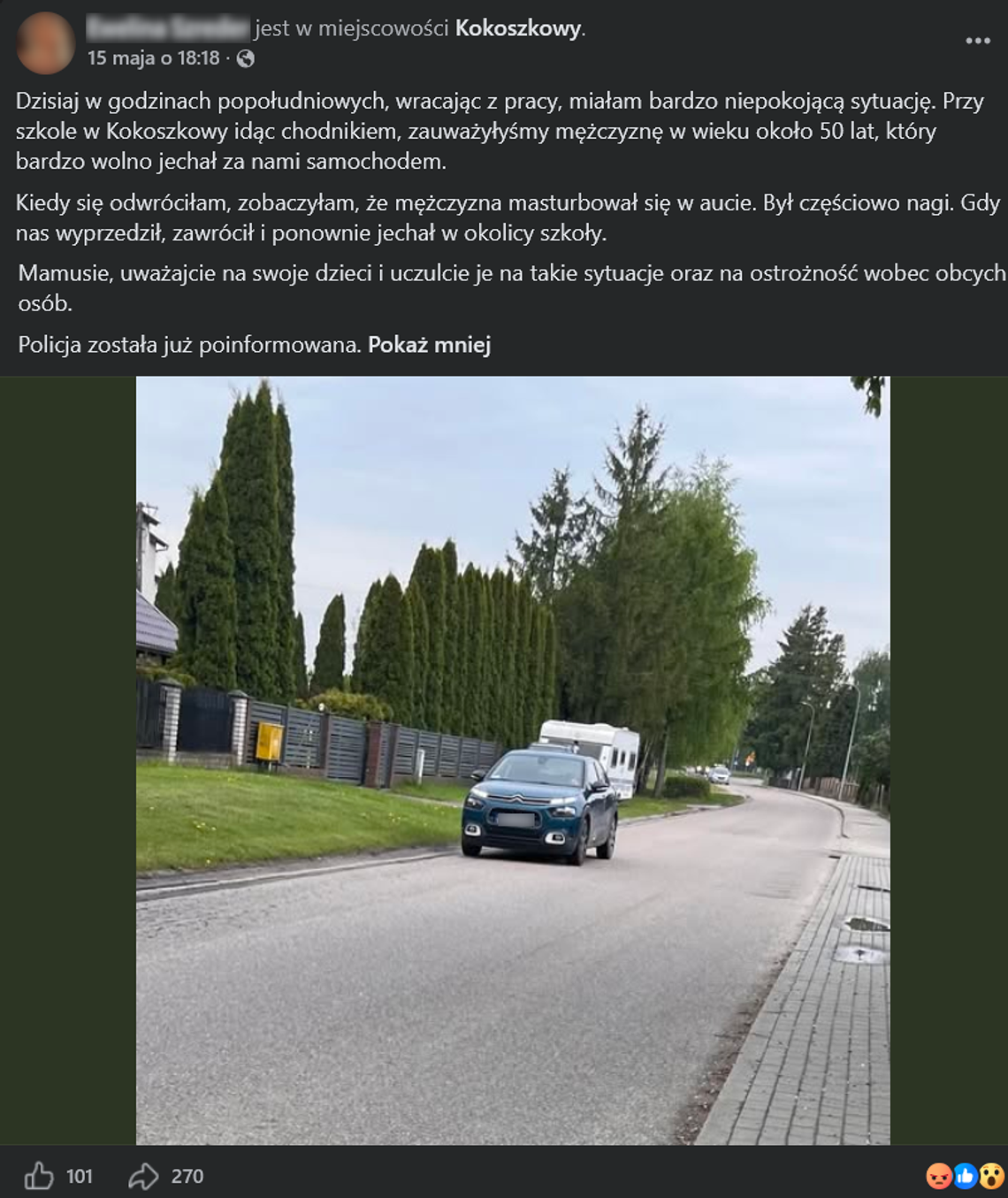 Półnagi mężczyzna w samochodzie pod szkołą?! Niepokojący wpis mieszkanki. Sprawę bada policja