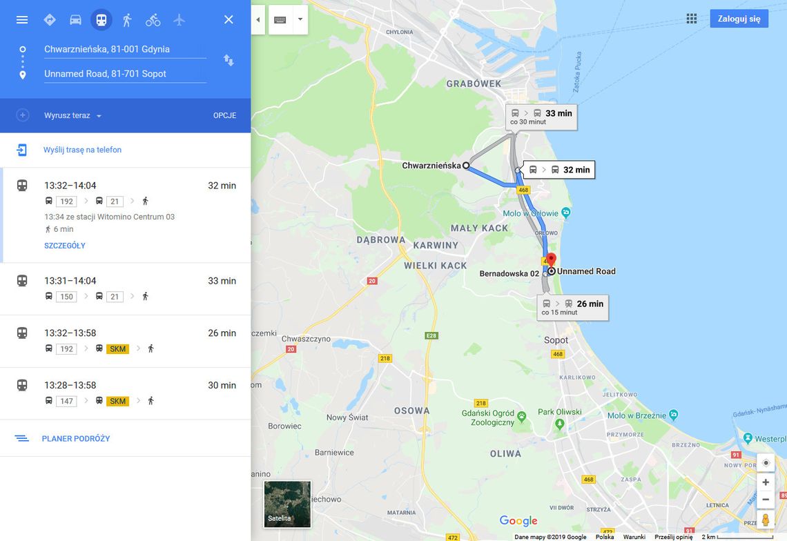 Trójmiejska komunikacja na Mapach Google