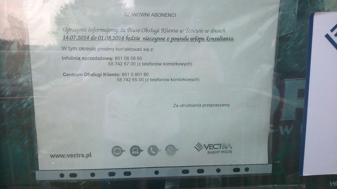 Vectra: Z powodu urlopu biuro nieczynne… 2 tygodnie Vectra: Z powodu urlopu biuro nieczynne… 2 tygodnie