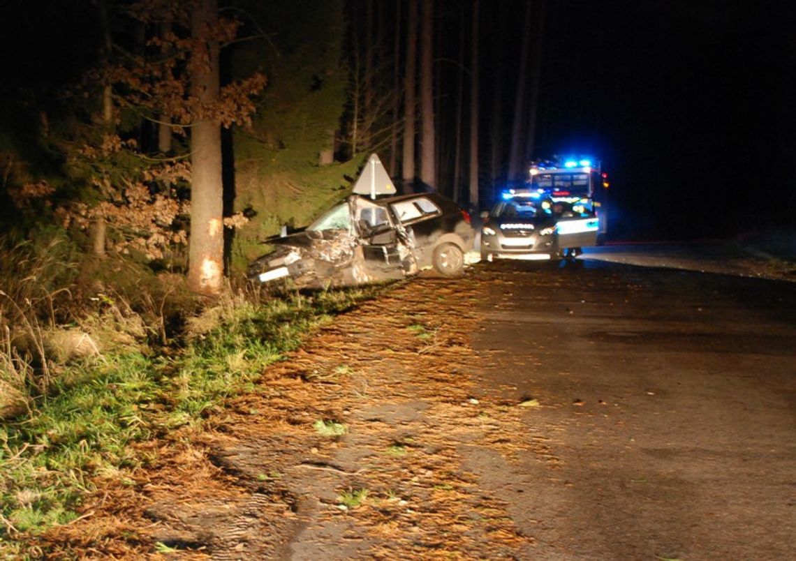 Zakleszczony w aucie. Z impetem uderzył w drzewo Zakleszczony w aucie. Z impetem uderzył w drzewo